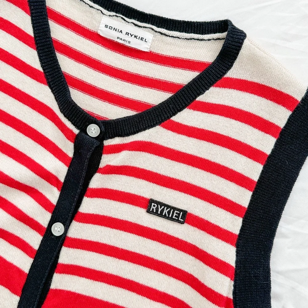 Sonia Rykiel Paris Red Cream Navy Stripe Knit Button Down Tunic Knit - Picture 2 of 6